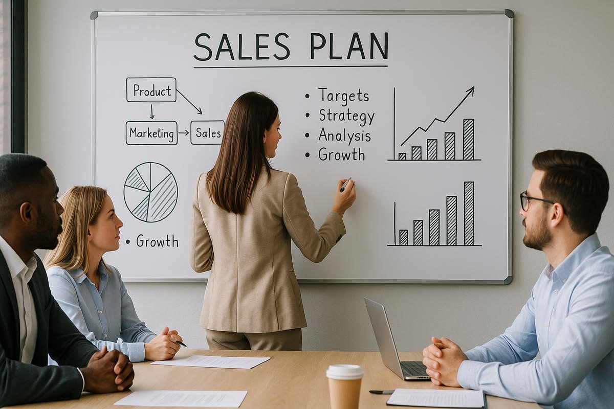 Sales team planning a customer requirement on a whiteboard